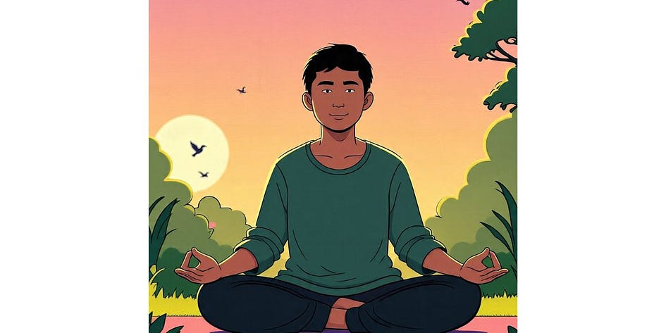doing yoga with a calm smile, feeling light and full of energy. 